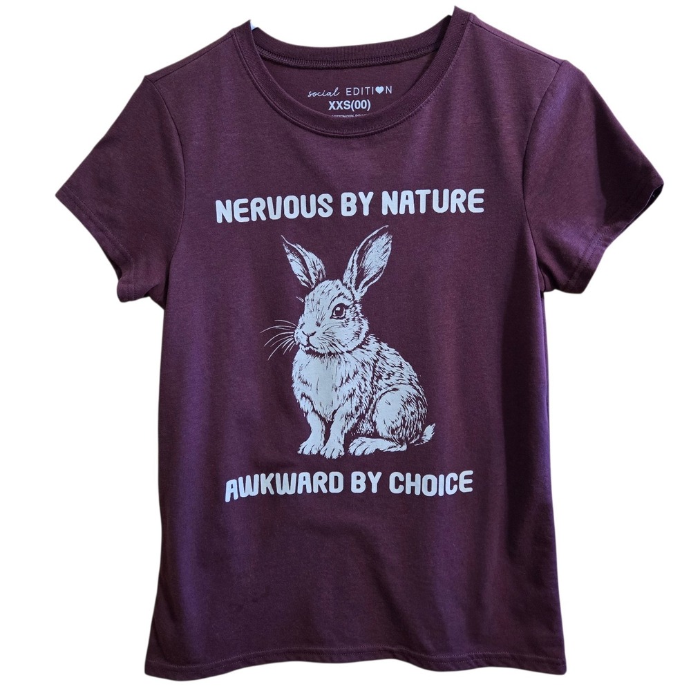 Social Edition Nervous By Nature Rabbit Graphic Tee Burgundy XXS(00)